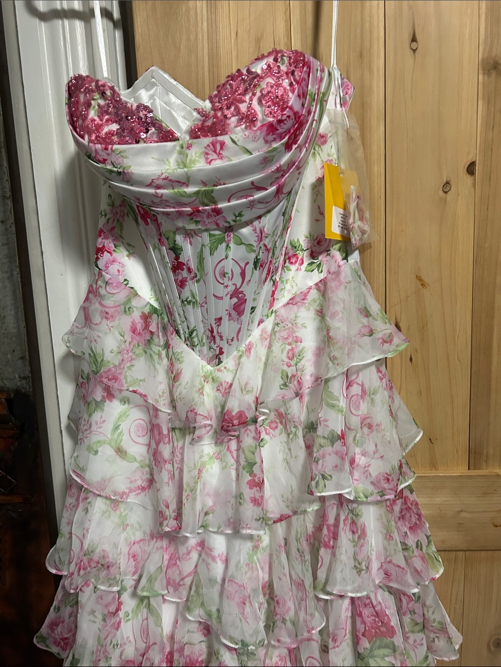 Floral Ruffled Strapless Formal Dress in Pink and White